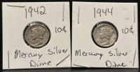 1942 & 1944 Mercury Dimes, 90% Silver, U.S. Mint