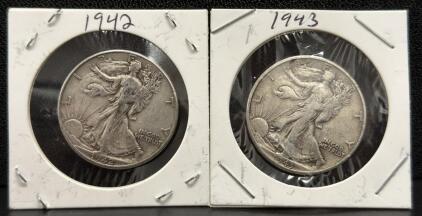 1942 & 1943 Walking Liberty Half Dollar Coins, 90% Silver, Adolph A. Weinman Design