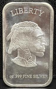 1 oz .999 Fine Silver Bar, Liberty and Buffalo Design