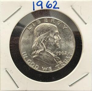 1962 Franklin Half Dollar, U.S. Mint, 90% Silver Coin