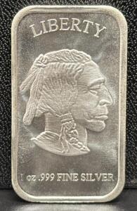 1 oz .999 Fine Silver Bullion Bar, Native American and Bison Design