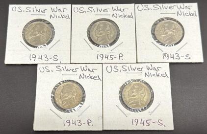 1943 & 1945 U.S. Silver War Nickels, Jefferson Series, Mint Marks P&S