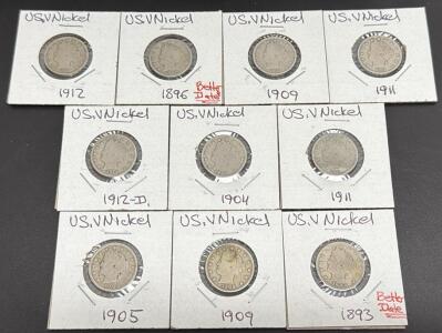 U.S. V Nickels Collection, Liberty Head Design, 1893, 1896, 1912-D +