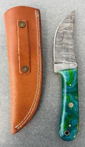 Custom Damascus Steel Fixed Blade and Multicolored Handle Hunting Knife With Leather Sheath (8" Overall Length)