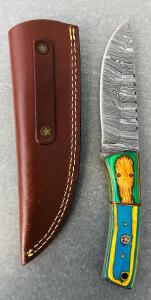 Custom Damascus Steel Fixed Blade and Multicolored Handle Hunting Knife With Leather Sheath (8" Overall Length)