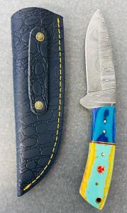 Custom Damascus Steel Fixed Blade and Multicolored Handle Hunting Knife With Leather Sheath (8" Overall Length)