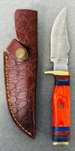 Custom Damascus Steel Fixed Blade and Multicolored Handle Hunting Knife With Leather Sheath (8" Overall Length)