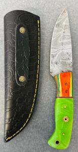 Custom Damascus Steel Fixed Blade and Multicolored Handle Hunting Knife With Leather Sheath (8" Overall Length)