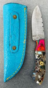 Custom Damascus Steel Fixed Blade and Multicolored Handle Hunting Knife With Leather Sheath (8" Overall Length)