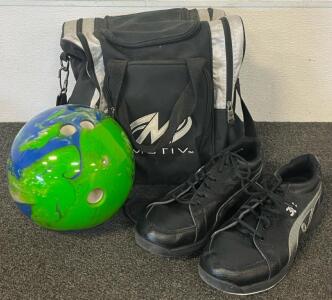 Ebonite Maxim Bowling Ball &ldquo;Northern Lights&rdquo;, Men&rsquo;s Size 12 Bowling Shoes & Bowling Bag