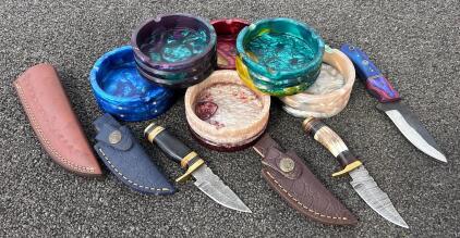(6) Decorative Resin Ash Trays and (3) Custom Damascus Knives with Protective Leather Sheaths (6.5"-8")