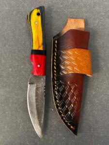 Custom Damascus Hunting Knife With Leather Sheath (8" Overall Length)