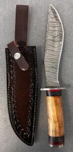 Custom Handmade Damascus Steel Bowie Knife with Leather Sheath (14" Overall Length)