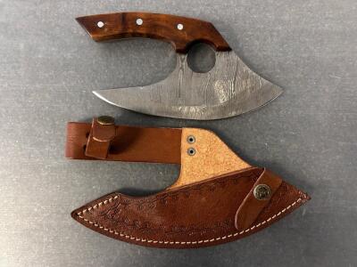 Custom Made Damascus Ulu Rocker Knife With Leather Sheath