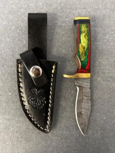 Custom Damascus Hunting Knife With Leather Sheath (6.5" Overall Length)