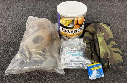 Vintage Military Gas Mask and Filter, Czech Shooters Winter Mittens, Brass Toned Compass, and Can Of Freeze Dried Whole Eggs