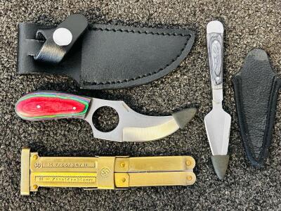 5" Short Skinner, 5" Bosom Dagger and Brass Toned Paratrooper Knife With German Markings