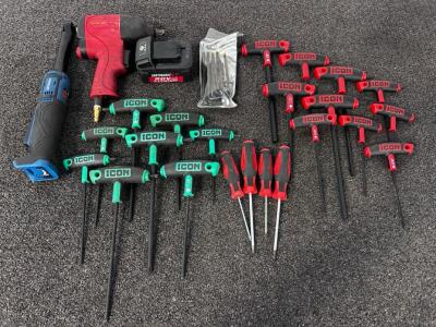 Hercules Long Nose Ratchet, Central Pneumatic Impact Wrench, and Red/ Green Icon Handle Hex Key Wrenches, Battery and L-Wrenches