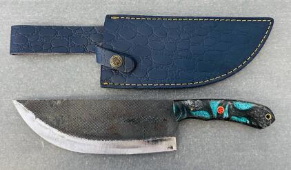 Custom Damascus Steel Fixed Blade and Multicolored Handle Kitchen Knife (12" Overall Length)