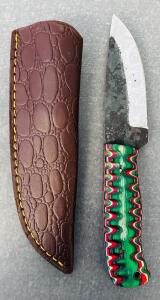 Custom Damascus Steel Fixed Blade and Multicolored Handle Hunting Knife With Leather Sheath (8" Overall Length)