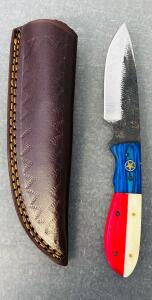 Custom Damascus Steel Fixed Blade and Multicolored Handle Hunting Knife With Leather Sheath (8" Overall Length)