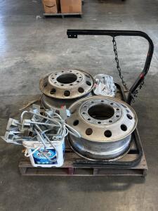 (2) Forged Aluminum Semi-Truck Wheels, Steel Dropwire Wall Brackets, Trailer Document Holders, and Large Metal Stand