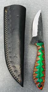 Custom Damascus Steel Fixed Blade and Multicolored Handle Hunting Knife With Leather Sheath (8" Overall Length)