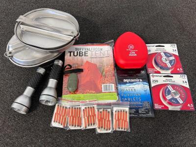 Emergency Preparedness and Survival Gear Bundle Includes: Frog Tube Tent, Crosman Wadcutter Pellets, Chlorine Dioxide Water Purifier Tablets, Flashlights, Survival Matches, CPR Mask and Much More