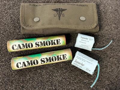 Voodoo Tactical Military Surgical Kit, (2) Camo Smoke Tactical Emergency Fireworks, and (2) Superior Tactical Smoke Alerts