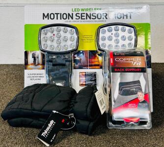 New 2-Pack LED Wireless Motion Sensor Lights, Pair Of Thinsulate 40 Gram Gloves, and Copper Fit Back Support