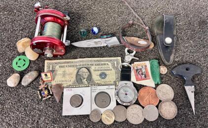 Collectibles Including: Coins, Silver Certificate, Knife, Dagger, Jewelry, Vintage ABU Reel and More