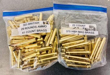 (22) Count 357 H&H Mag Brass and (29) Rnds Of 303 British Rifle Cartridges With (41) Count Brass Casings