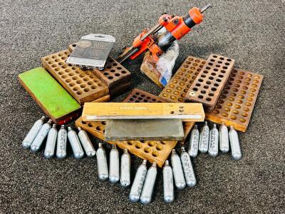Vintage Ridgid Threading Pipe Head, Reloading Blocks, Crock Stick, Airgun Pellets, and Multiple CO2 Cartridges