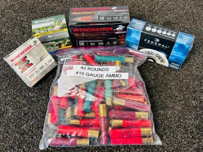 Bag with (42) Rnds Of .410 Gauge Ammo, Federal 12 Ga. Buckshot, Winchester Defender 12 Ga. Copper Plated Buckshot, Remington Ultimate Defense 410 Bore, and Winchester Super-x .410 Buckshot Ammo