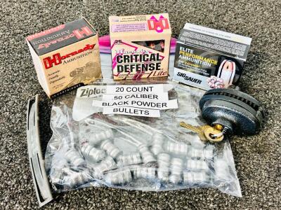 (70) Rnds Of 9mm Luger, Gun Lock with Key, And (20) Count .50 Caliber Bullets