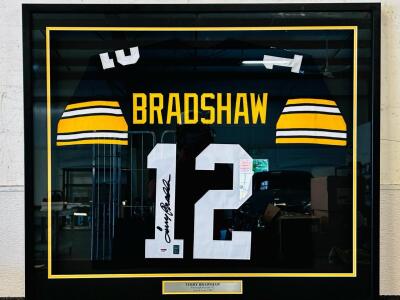 Custom-Framed and Autographed Pittsburgh Steelers #12 Terry Bradshaw Jersey. Hall Of Fame 1989.