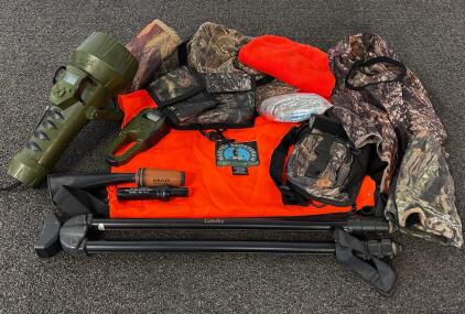 Outdoors/ Hunting Bundle: Orange Vest, Beanies and Hat, Emergency Blanket, BiPod, Duck Calls, Primos 3751 Power Dogg and More