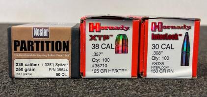Hornady 38 Cal 125 Gr, 30 Cal 150 Gr (Partial Box), and Nosler 338 Cal 250 Gr.