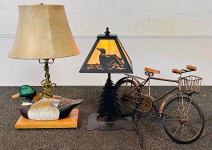 (2) Outdoor Themed Lamps and Decorative Bike