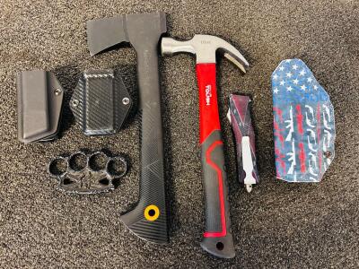 Fiskars Hatchet, Hyper Tough Hammer, (3) Hard Case Hoslters, Paper Weight and Auto In and Out Knife