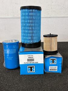 Thermo King Air Filter (part no. 119955), An Oil Filter (part no. 11-9959), and A Fuel Filter (Part 119966, based on common PM kits).
