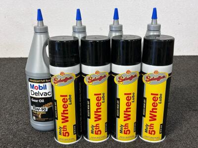 (4) Bottles Of Mobil Delvac 1- Gear Oil 75W-90 Fully Synthetic and (4) Cans Of Schaeffers Moly 5th Wheel Lube
