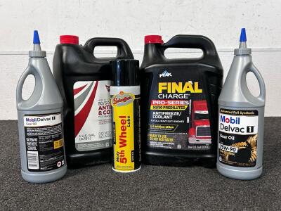 (1) Gallon Of 50/50 Prediluted Antifreeze/ Coolant, (1) Gallon Final Charge Pro Series 50/50 Antifreeze/ Coolant, (2) Bottles Of Mobil Delvac (1) Gear Oil, and (1) Can Of Moly 5th Wheel Lube