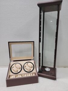 (1) 4+6 Automatic Rotation Leather Wood Watch Winder Storage Box Watch Display Case (1)Tall Glass and Wood Lit Display Case.