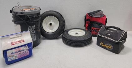 (2) 12" Marathon 4.08/4.00 8 NHS Tires (1) Bucket Head Wet/Dry Powerhead Vacuum (1) Motorcycle Windshield w/partial set of mounting brackets
