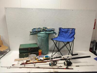 Columbia Outsider Tent, Fishing Rods, Coleman Camping Stove, lawn chair and camping dishes