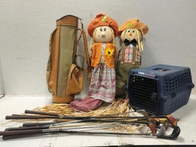 Vintage CADABAG golf club bag, Assorted golf clubs, scarecrows, Petmate Deluxe Vari Kennel jr