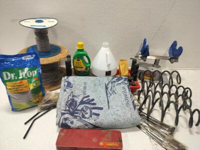 Rifle cleaning rods, Electronic Wire and cable spool, Pneumatic paint shaker, assorted cords of all different types