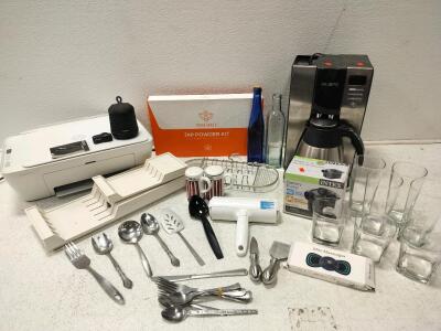 Modelones Dip Powder Kit,Mr.Coffee Pot, HP Desk Jet Printer, I home portable speaker, Muvi micro series camera, Battery Pump, Kitchen silverware and salt shakers