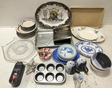 Pampered Chef Stoneware Bar Pan, vintage ironstone turkey platter, assorted platters, cook ware, assorted dishes